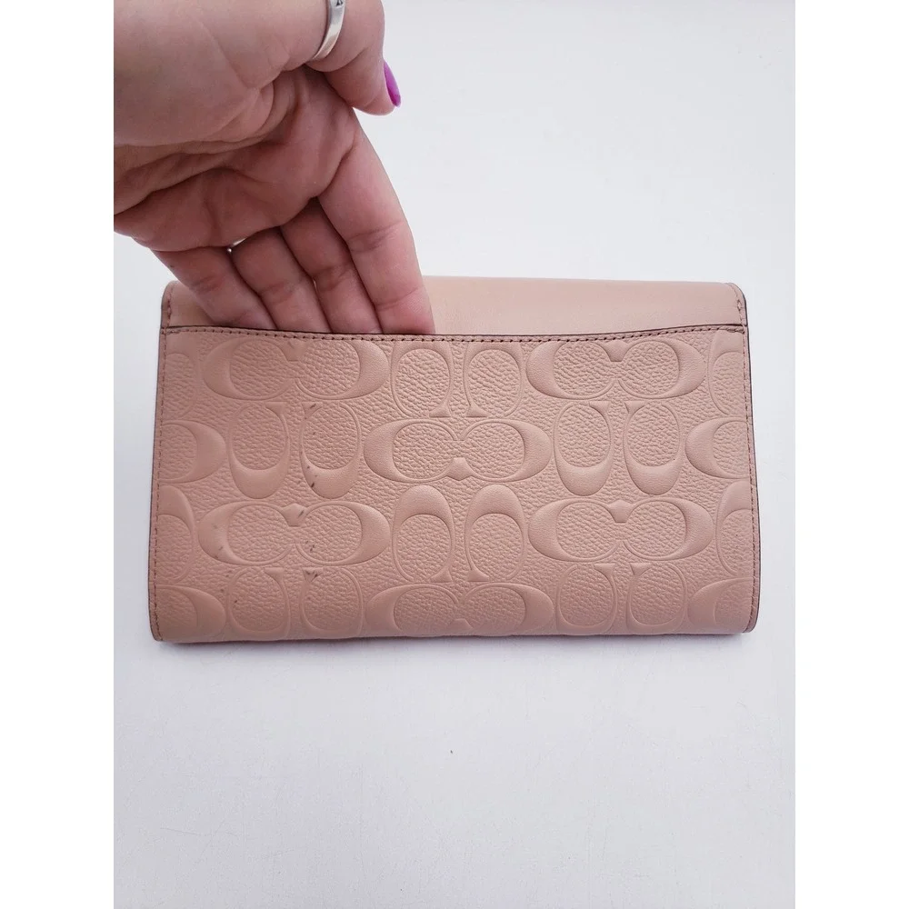 Coach Crossbody Bag Pink Signature Embossed Leather Turnlock Chain Clutch‎